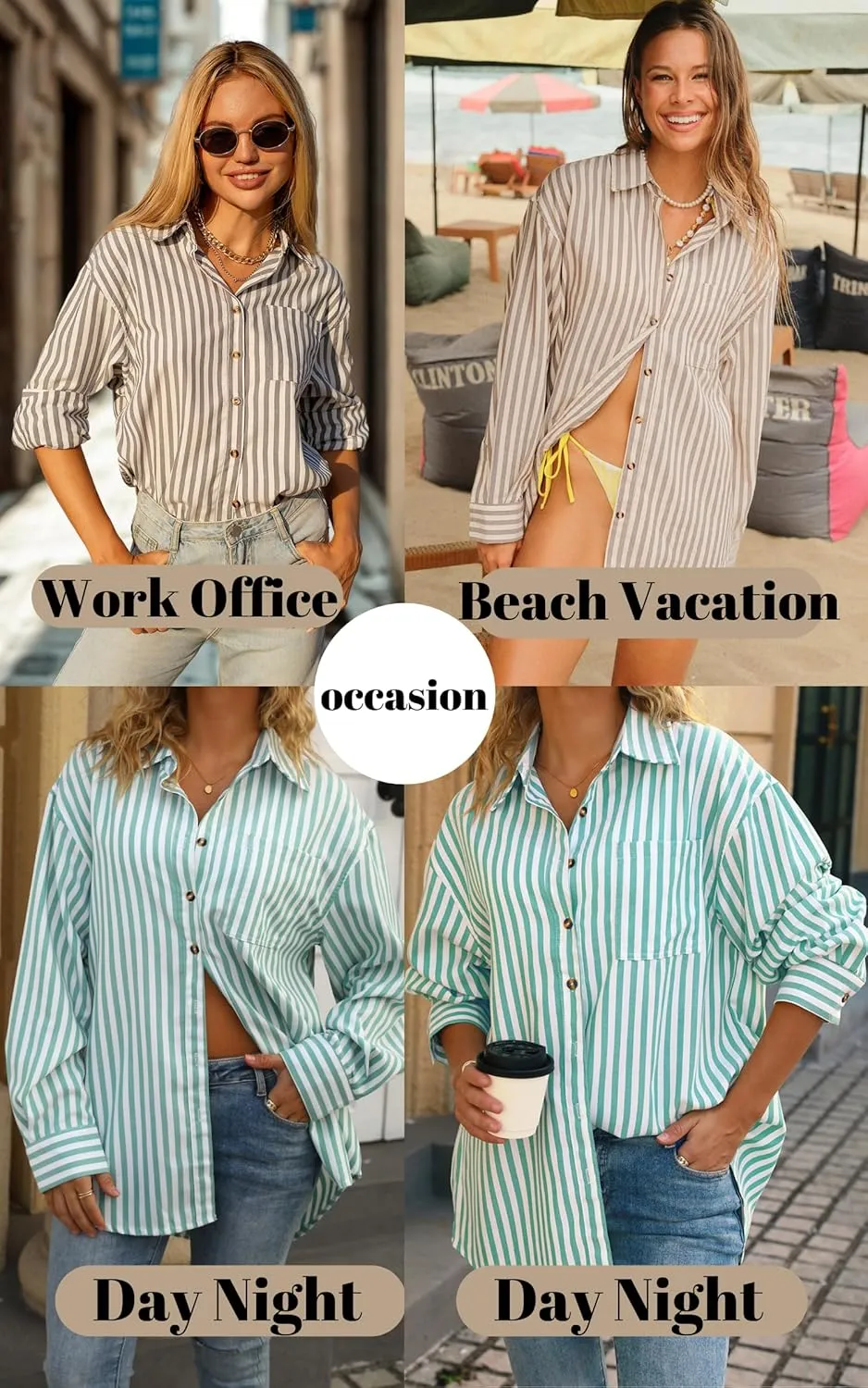 CHYRII Womens Striped Button Down Shirt Casual Long Sleeve Blouse Top