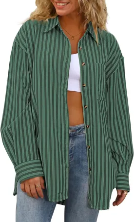 CHYRII Womens Striped Button Down Shirt Casual Long Sleeve Blouse Top