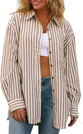 CHYRII Womens Striped Button Down Shirt Casual Long Sleeve Blouse Top