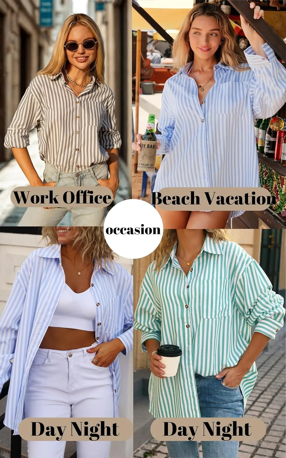 CHYRII Womens Striped Button Down Shirt Casual Long Sleeve Blouse Top