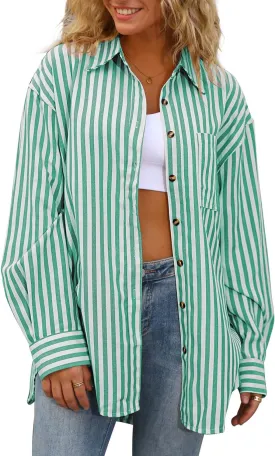 CHYRII Womens Striped Button Down Shirt Casual Long Sleeve Blouse Top