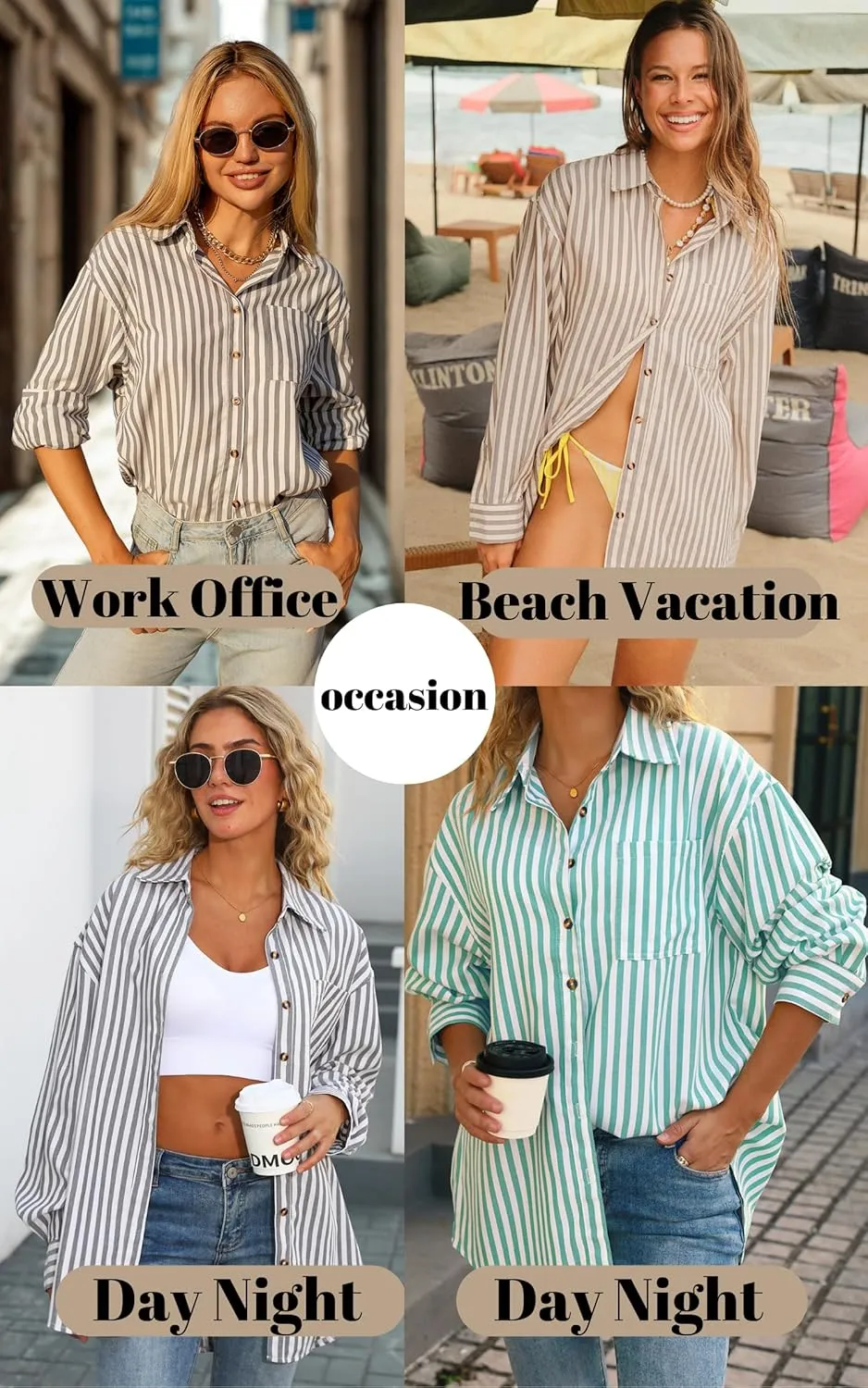 CHYRII Womens Striped Button Down Shirt Casual Long Sleeve Blouse Top