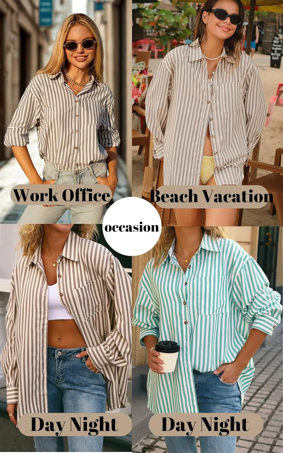 CHYRII Womens Striped Button Down Shirt Casual Long Sleeve Blouse Top