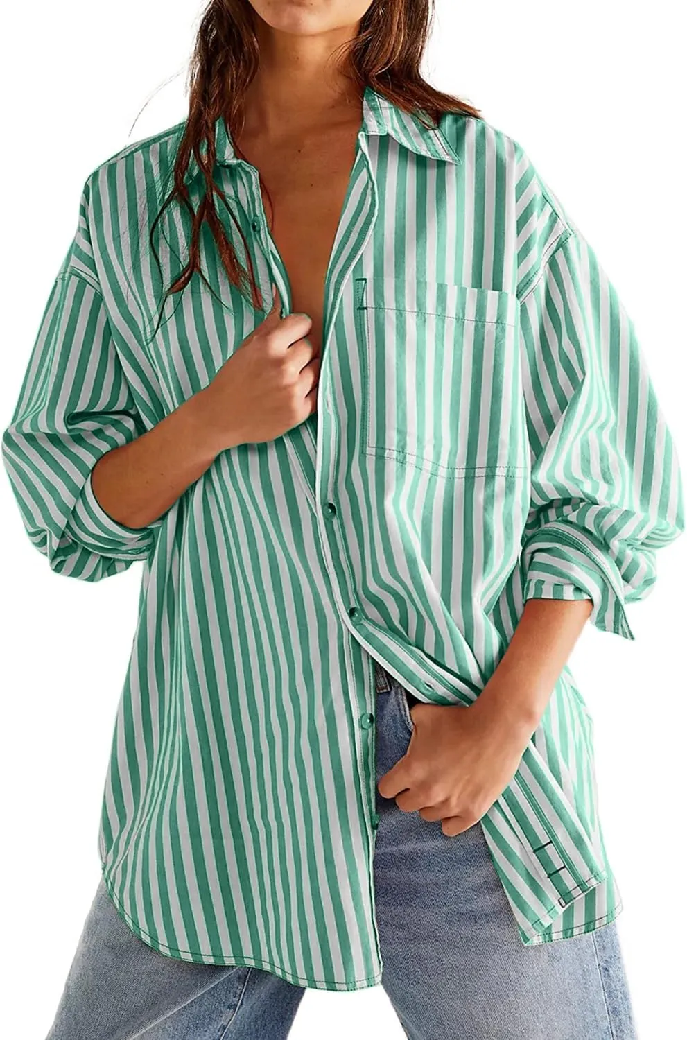 CHYRII Womens Striped Button Down Shirt Casual Long Sleeve Blouse Top