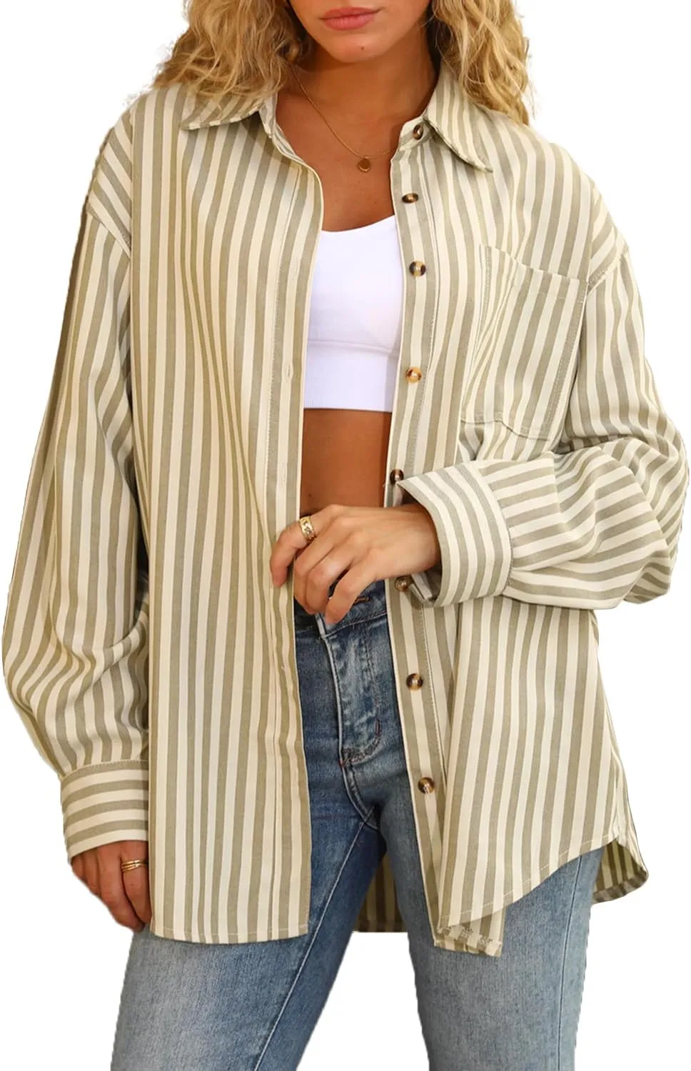 CHYRII Womens Striped Button Down Shirt Casual Long Sleeve Blouse Top