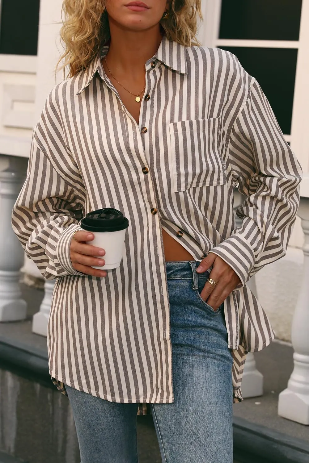 CHYRII Womens Striped Button Down Shirt Casual Long Sleeve Blouse Top