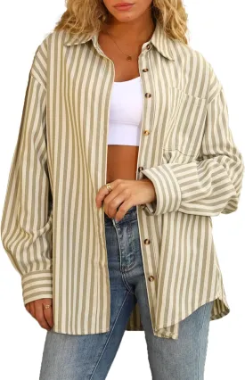 CHYRII Womens Striped Button Down Shirt Casual Long Sleeve Blouse Top
