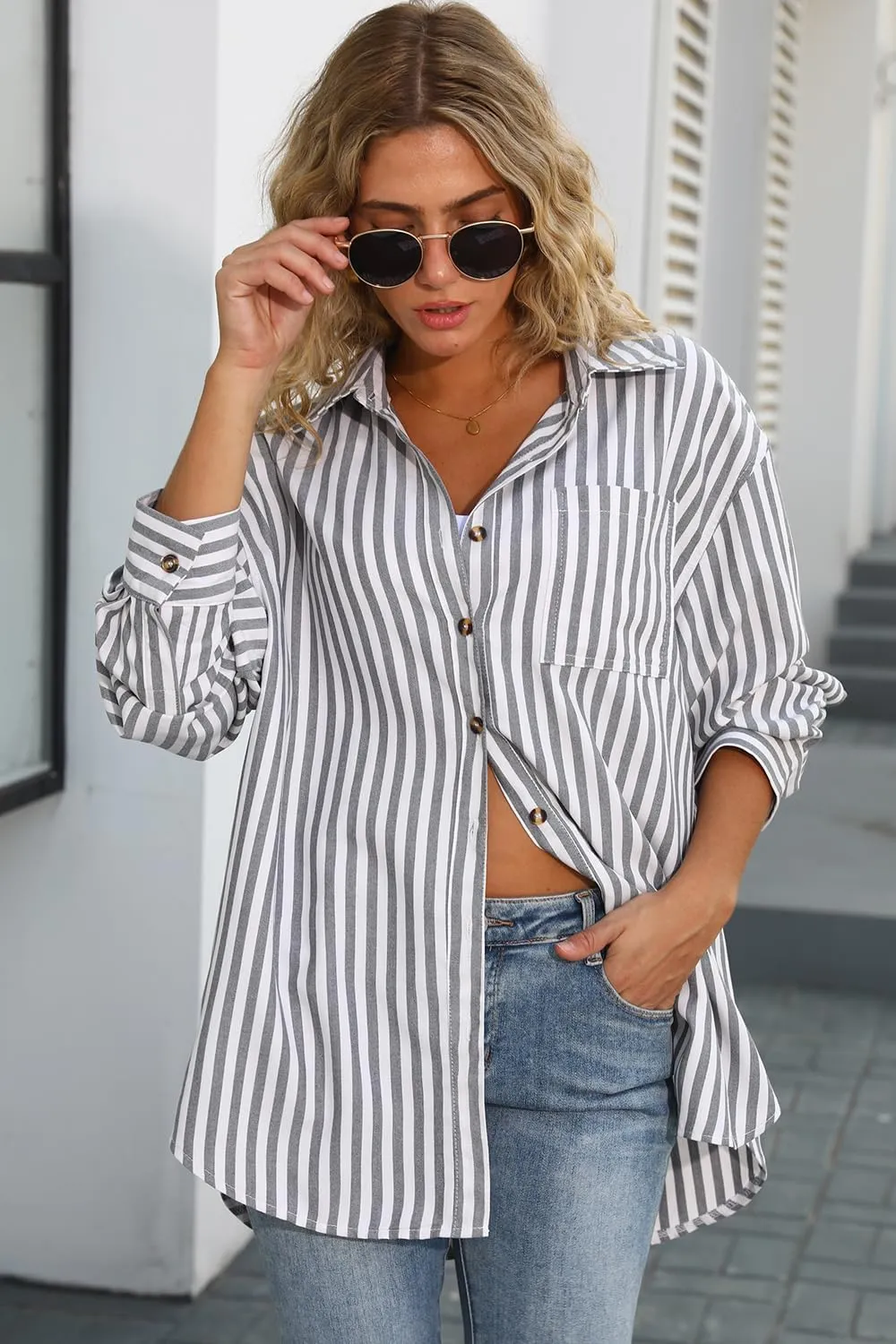 CHYRII Womens Striped Button Down Shirt Casual Long Sleeve Blouse Top