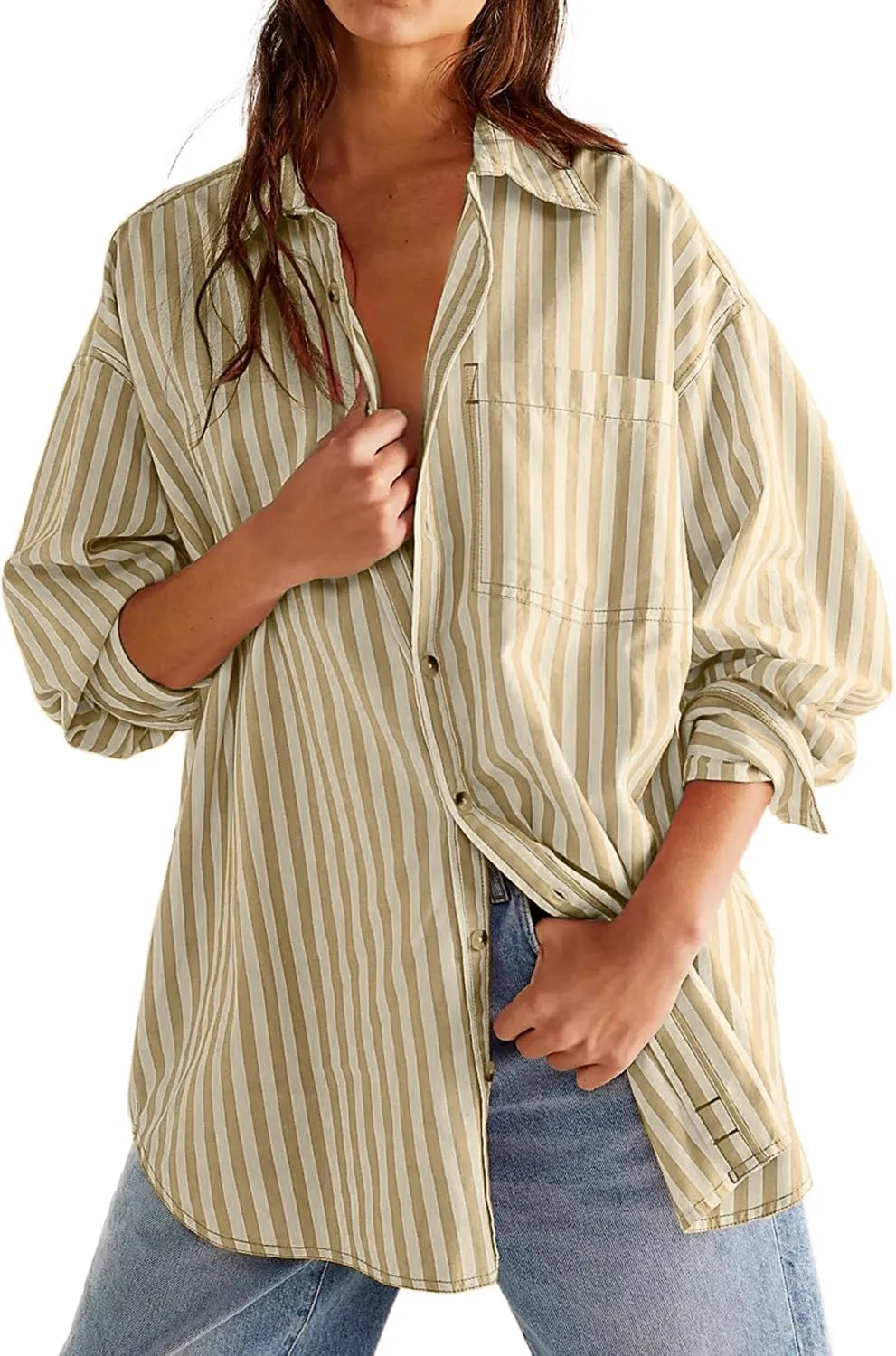 CHYRII Womens Striped Button Down Shirt Casual Long Sleeve Blouse Top