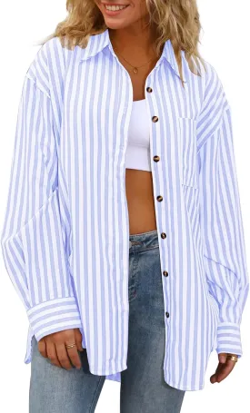CHYRII Womens Striped Button Down Shirt Casual Long Sleeve Blouse Top