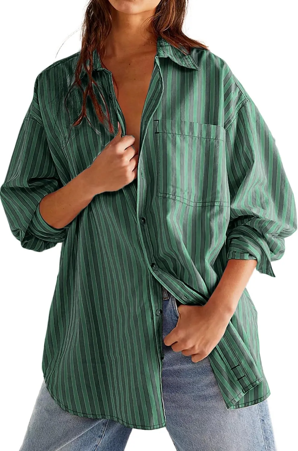 CHYRII Womens Striped Button Down Shirt Casual Long Sleeve Blouse Top