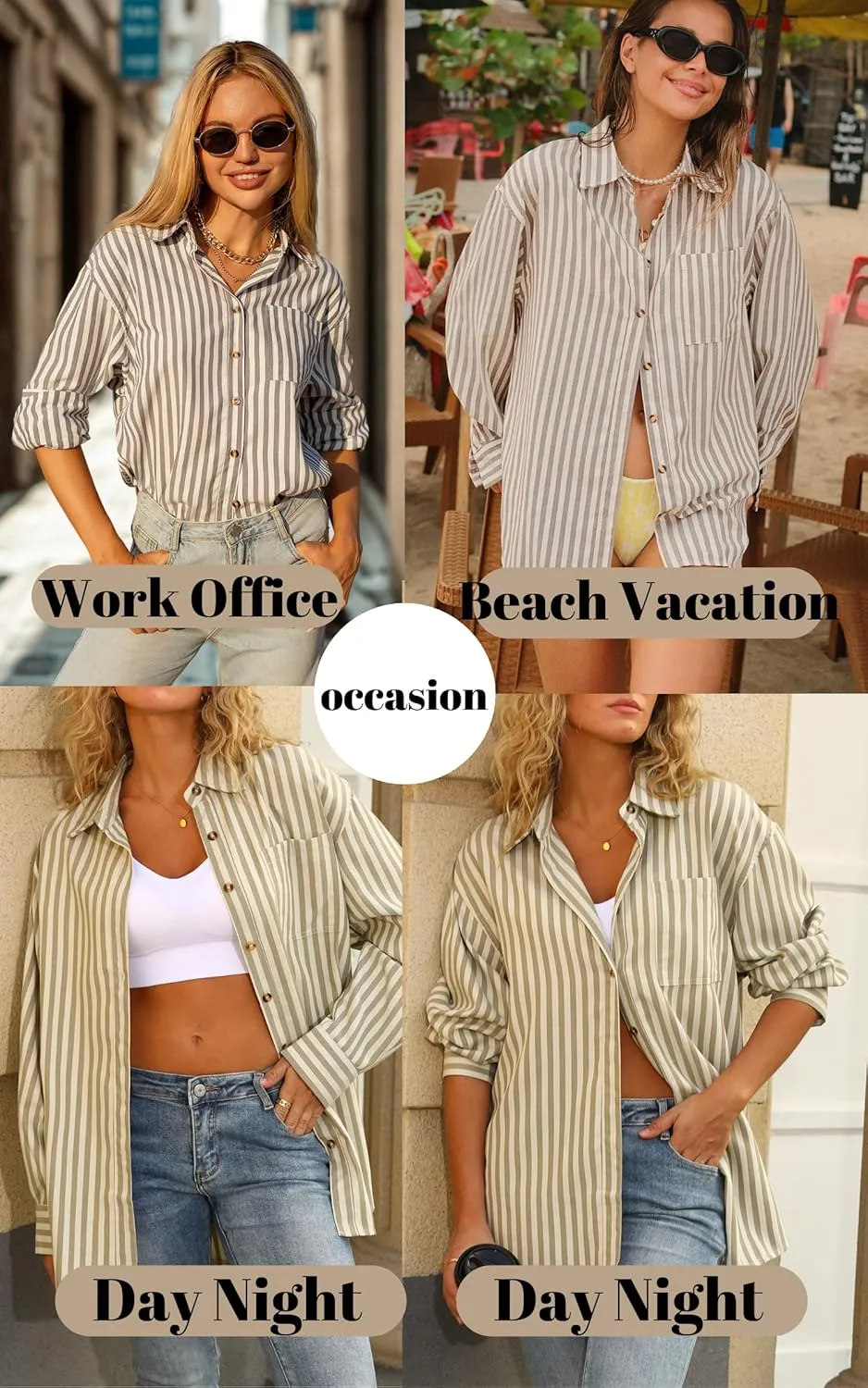 CHYRII Womens Striped Button Down Shirt Casual Long Sleeve Blouse Top