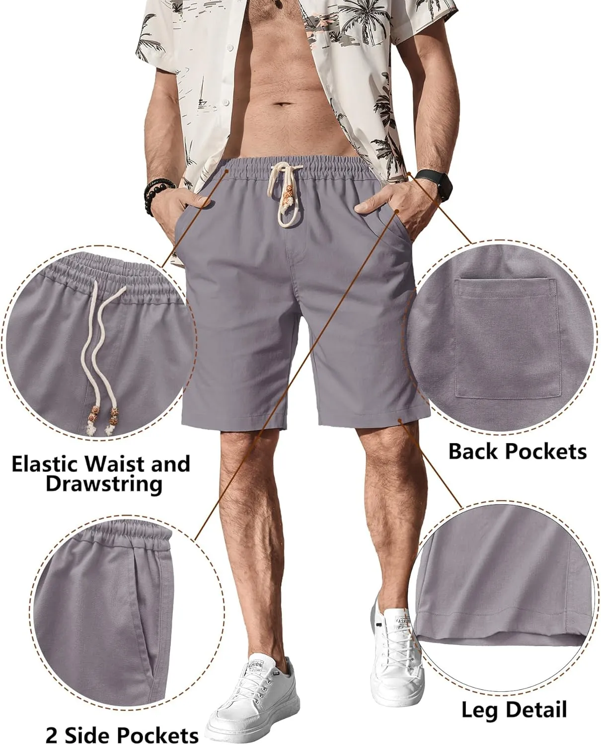 Comdecevis Men's Linen Shorts Casual Elastic Waist Drawstring Summer Beach Vacation Yoga Golf Shorts with Pockets