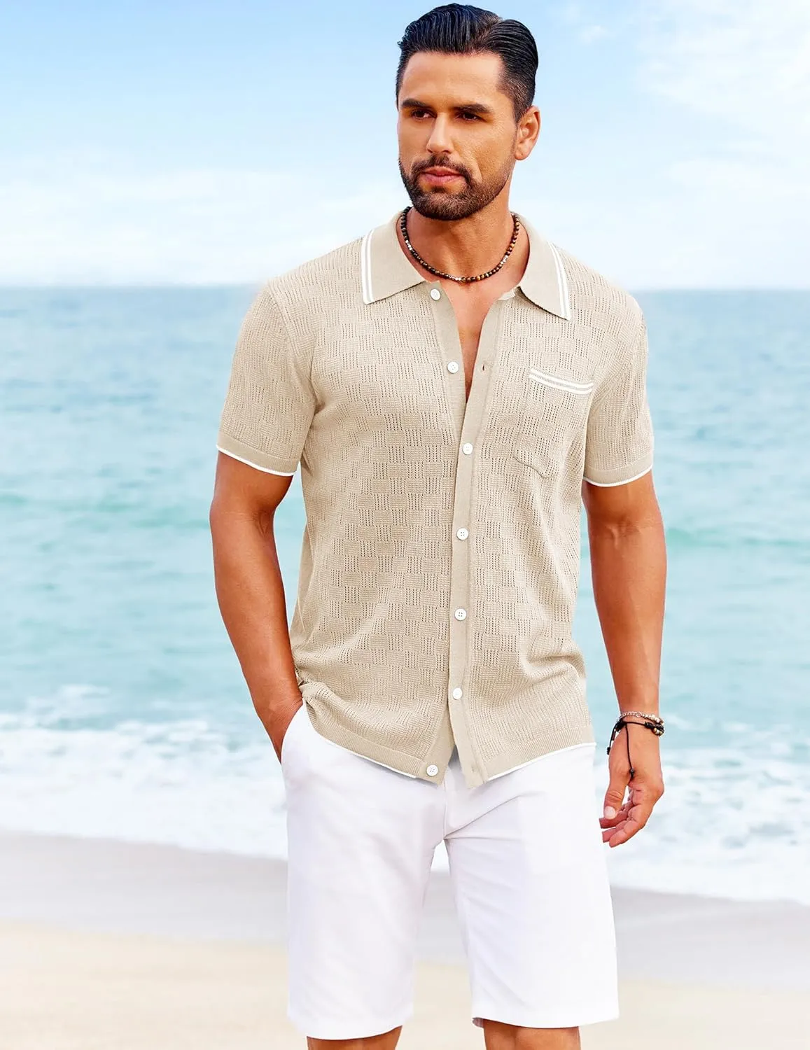 COOFANDY Men's Knit Button Down Shirt Vintage Polo Shirts Short Sleeve Summer Beach Shirts