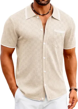 COOFANDY Men's Knit Button Down Shirt Vintage Polo Shirts Short Sleeve Summer Beach Shirts