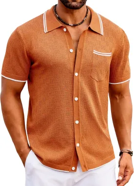 COOFANDY Men's Knit Button Down Shirt Vintage Polo Shirts Short Sleeve Summer Beach Shirts