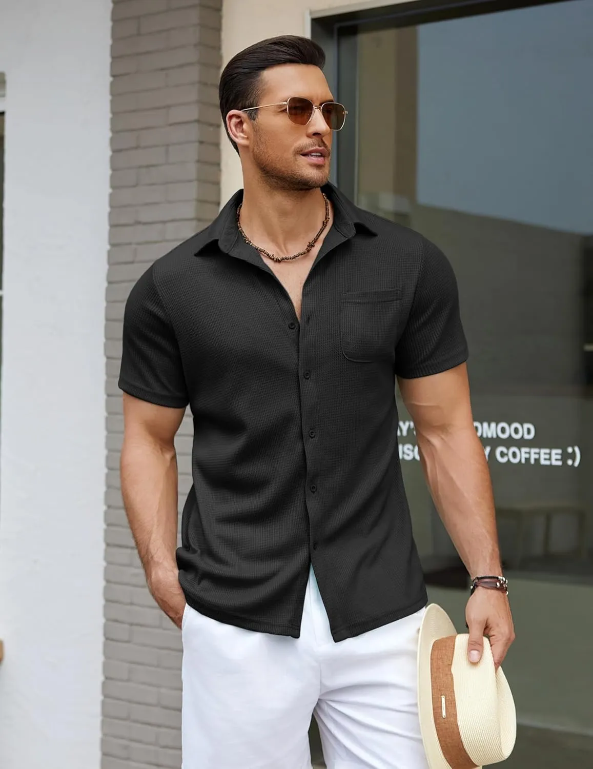 COOFANDY Men's Knit Button Down Shirts Casual Short Sleeve Polo Shirt Summer Beach Shirts with Pocket