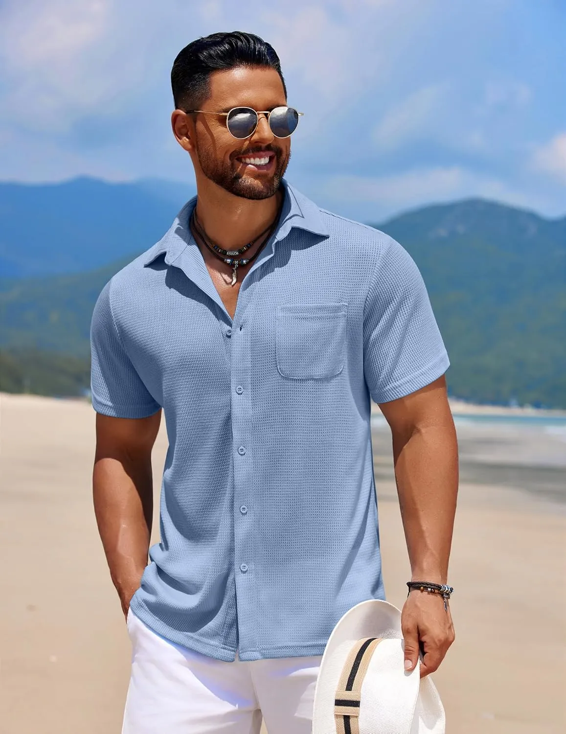 COOFANDY Men's Knit Button Down Shirts Casual Short Sleeve Polo Shirt Summer Beach Shirts with Pocket