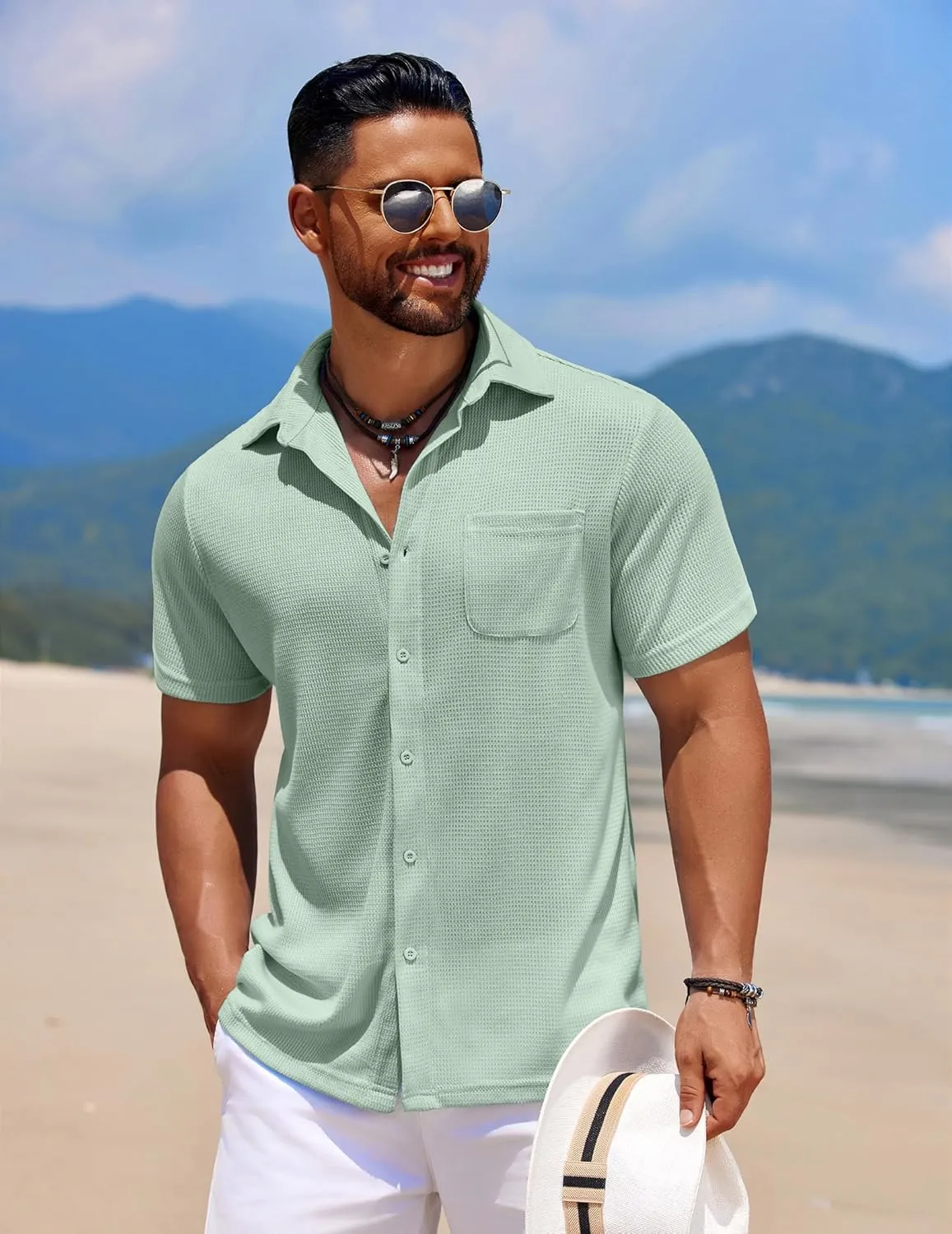 COOFANDY Men's Knit Button Down Shirts Casual Short Sleeve Polo Shirt Summer Beach Shirts with Pocket