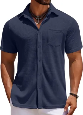 COOFANDY Men's Knit Button Down Shirts Casual Short Sleeve Polo Shirt Summer Beach Shirts with Pocket