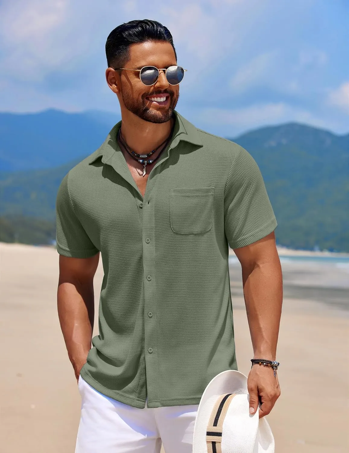 COOFANDY Men's Knit Button Down Shirts Casual Short Sleeve Polo Shirt Summer Beach Shirts with Pocket