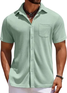 COOFANDY Men's Knit Button Down Shirts Casual Short Sleeve Polo Shirt Summer Beach Shirts with Pocket
