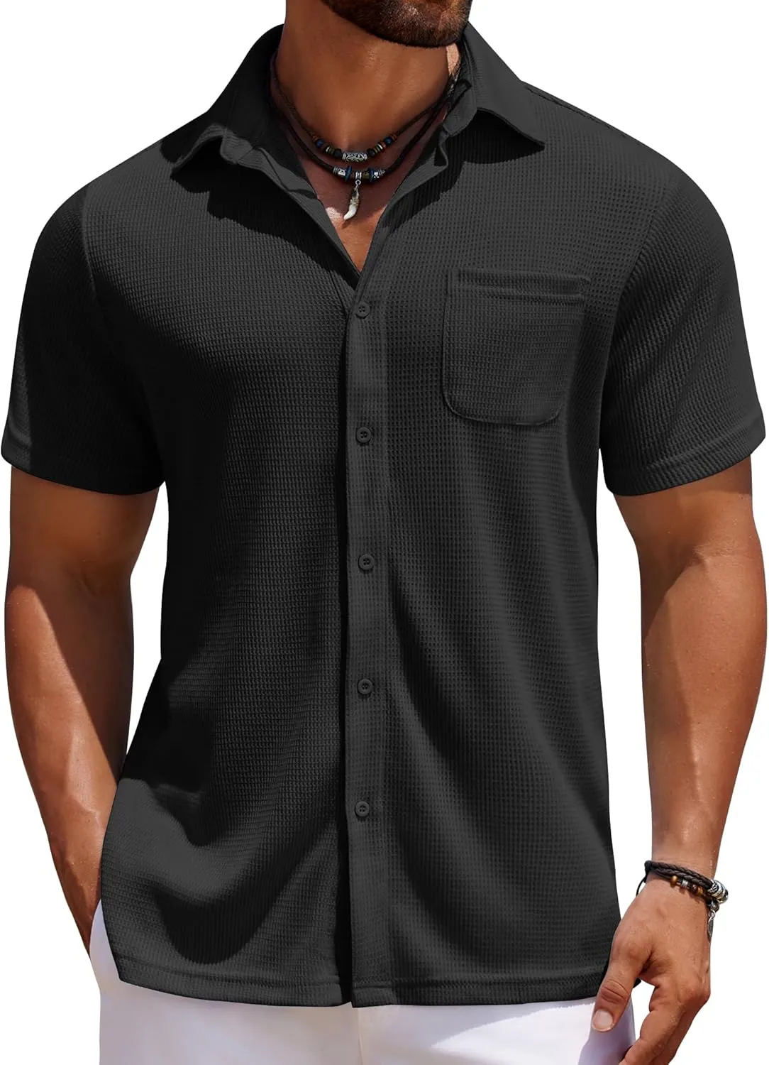 COOFANDY Men's Knit Button Down Shirts Casual Short Sleeve Polo Shirt Summer Beach Shirts with Pocket