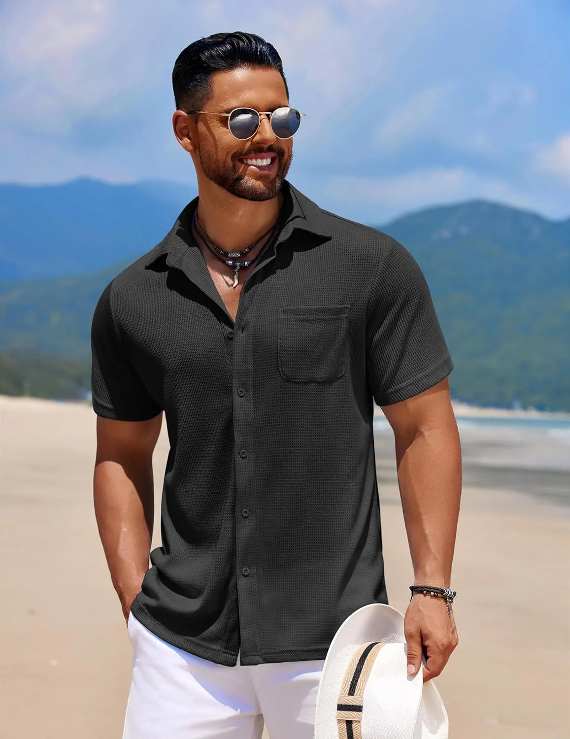 COOFANDY Men's Knit Button Down Shirts Casual Short Sleeve Polo Shirt Summer Beach Shirts with Pocket