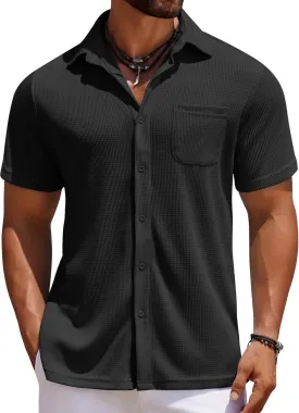 COOFANDY Men's Knit Button Down Shirts Casual Short Sleeve Polo Shirt Summer Beach Shirts with Pocket
