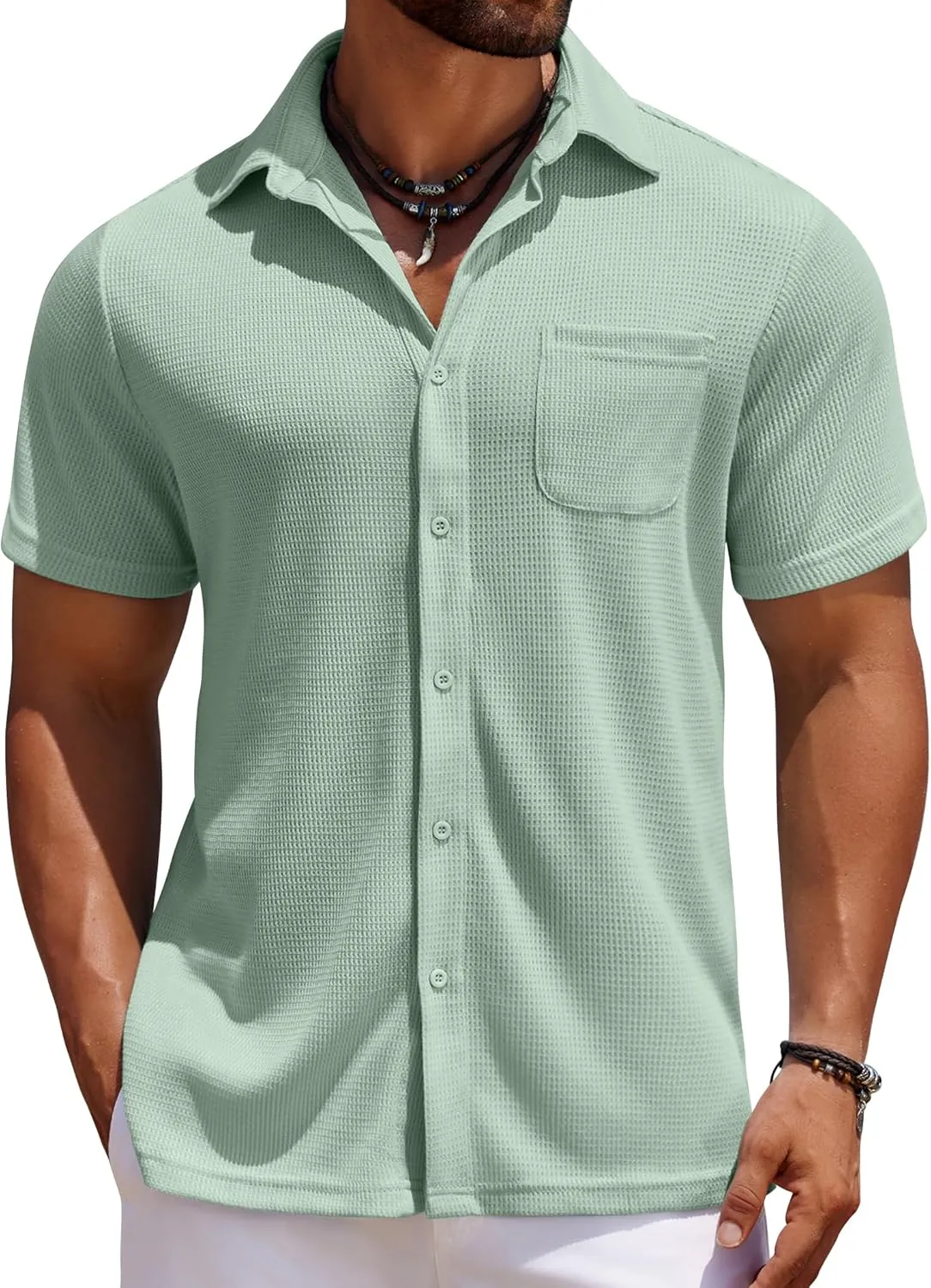 COOFANDY Men's Knit Button Down Shirts Casual Short Sleeve Polo Shirt Summer Beach Shirts with Pocket