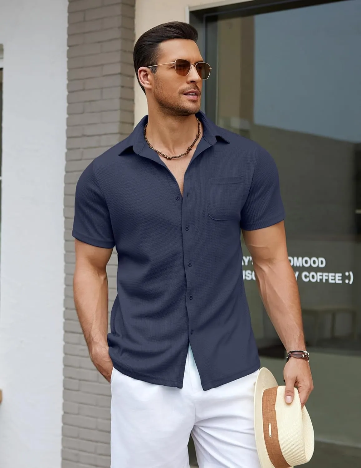 COOFANDY Men's Knit Button Down Shirts Casual Short Sleeve Polo Shirt Summer Beach Shirts with Pocket