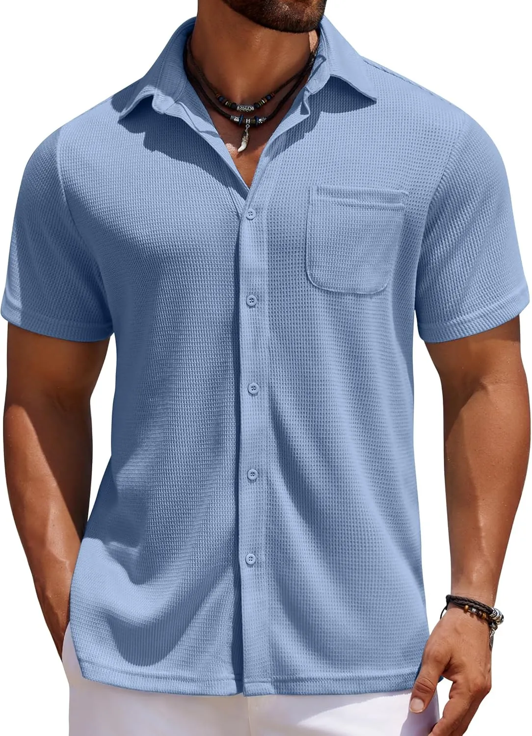 COOFANDY Men's Knit Button Down Shirts Casual Short Sleeve Polo Shirt Summer Beach Shirts with Pocket
