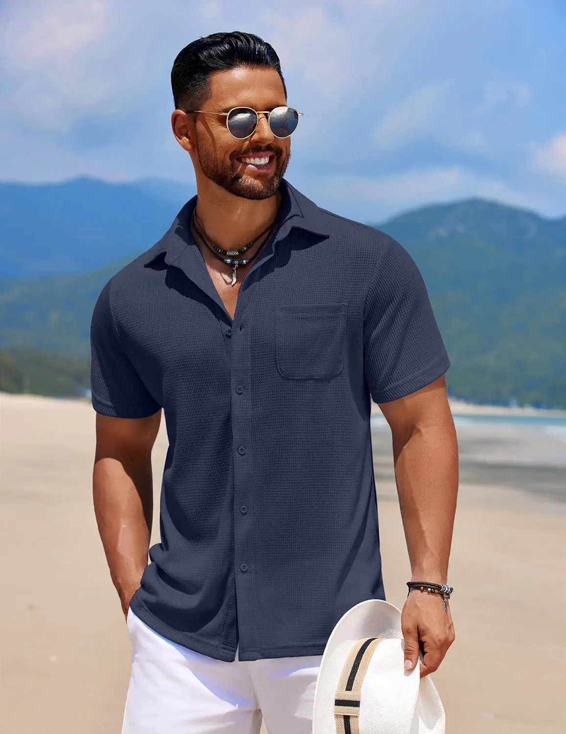 COOFANDY Men's Knit Button Down Shirts Casual Short Sleeve Polo Shirt Summer Beach Shirts with Pocket