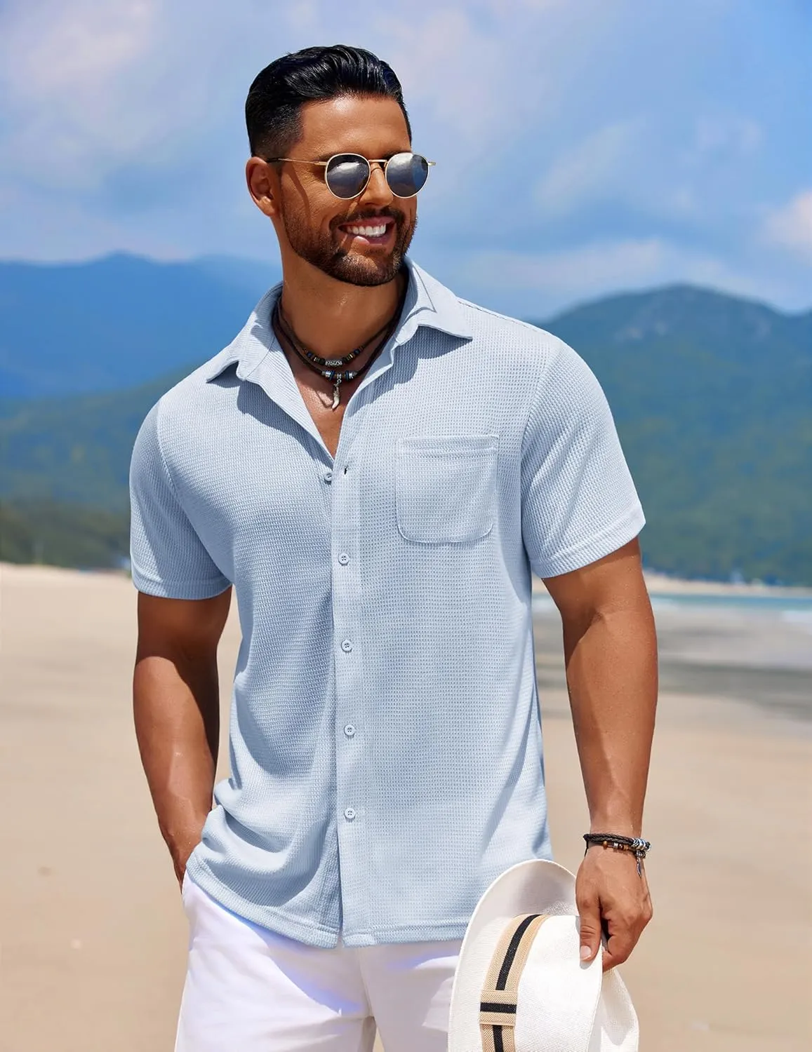 COOFANDY Men's Knit Button Down Shirts Casual Short Sleeve Polo Shirt Summer Beach Shirts with Pocket