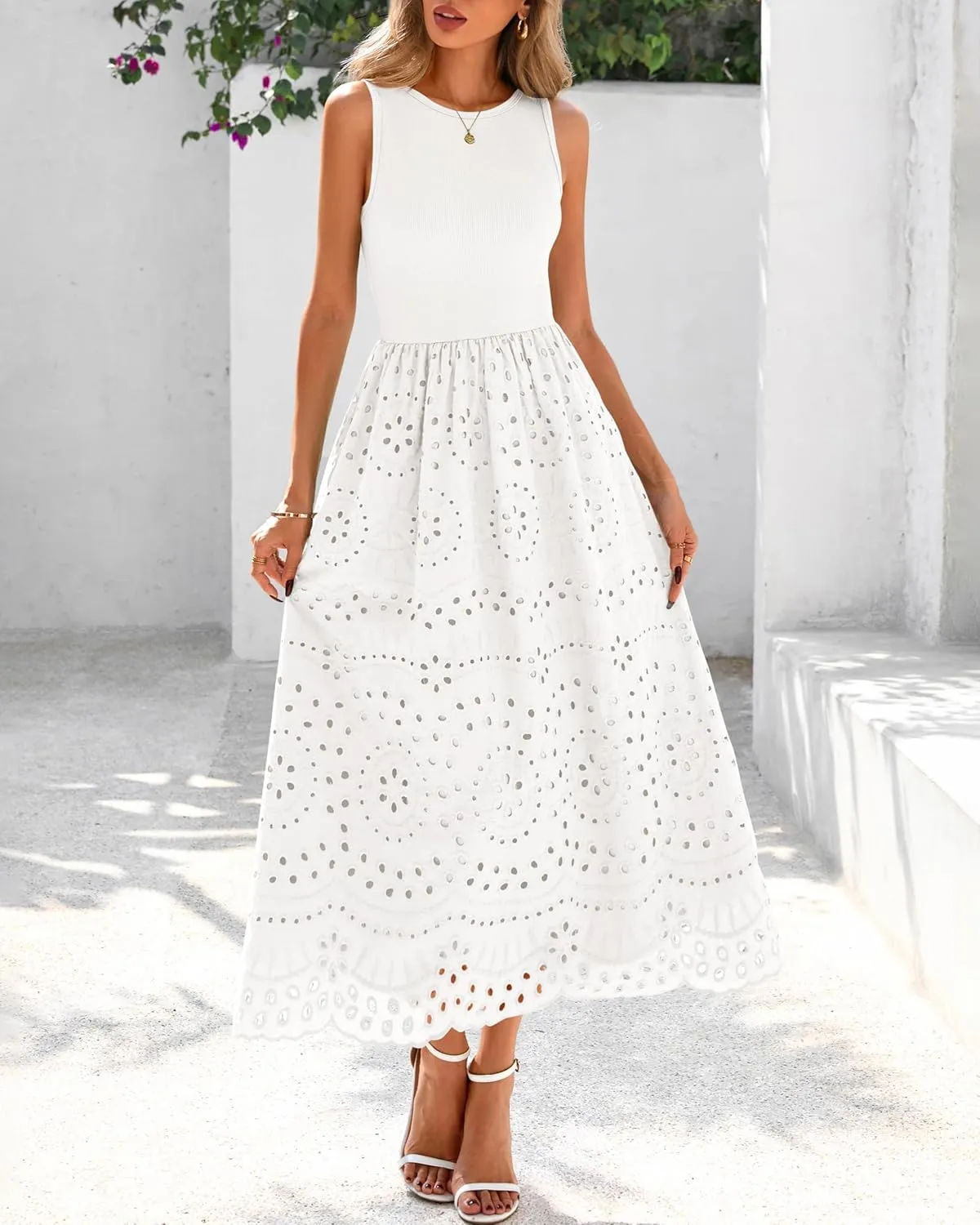 dowerme Women Summer Dresses 2025 Casual Sleeveless Crewneck A-Line Boho Lace Eyelet Cotton Tank Maxi Dress with Pockets