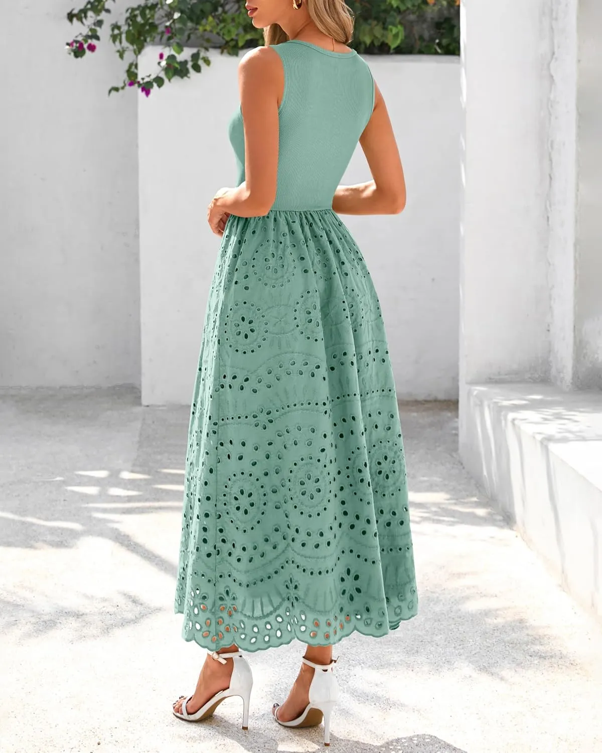 dowerme Women Summer Dresses 2025 Casual Sleeveless Crewneck A-Line Boho Lace Eyelet Cotton Tank Maxi Dress with Pockets