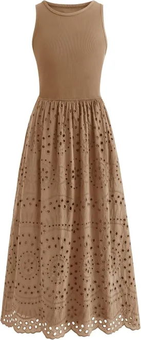 dowerme Women Summer Dresses 2025 Casual Sleeveless Crewneck A-Line Boho Lace Eyelet Cotton Tank Maxi Dress with Pockets