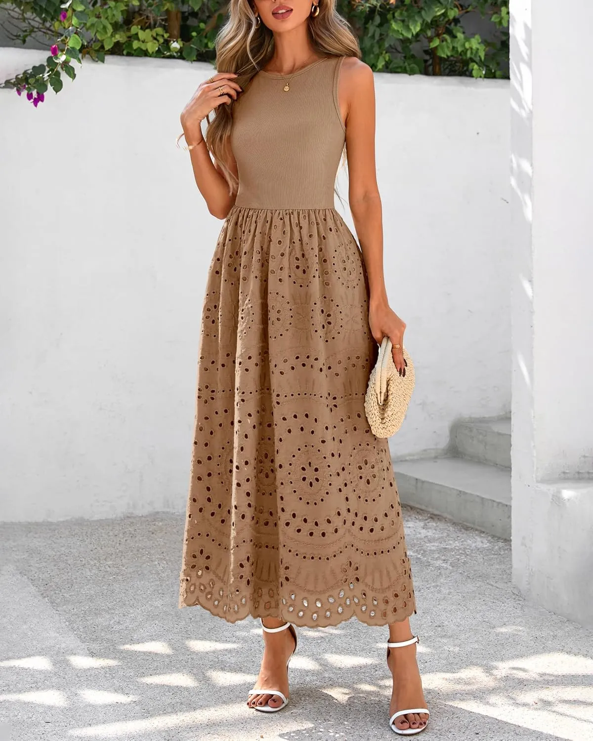dowerme Women Summer Dresses 2025 Casual Sleeveless Crewneck A-Line Boho Lace Eyelet Cotton Tank Maxi Dress with Pockets