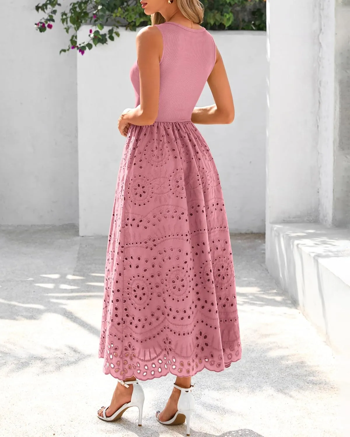dowerme Women Summer Dresses 2025 Casual Sleeveless Crewneck A-Line Boho Lace Eyelet Cotton Tank Maxi Dress with Pockets