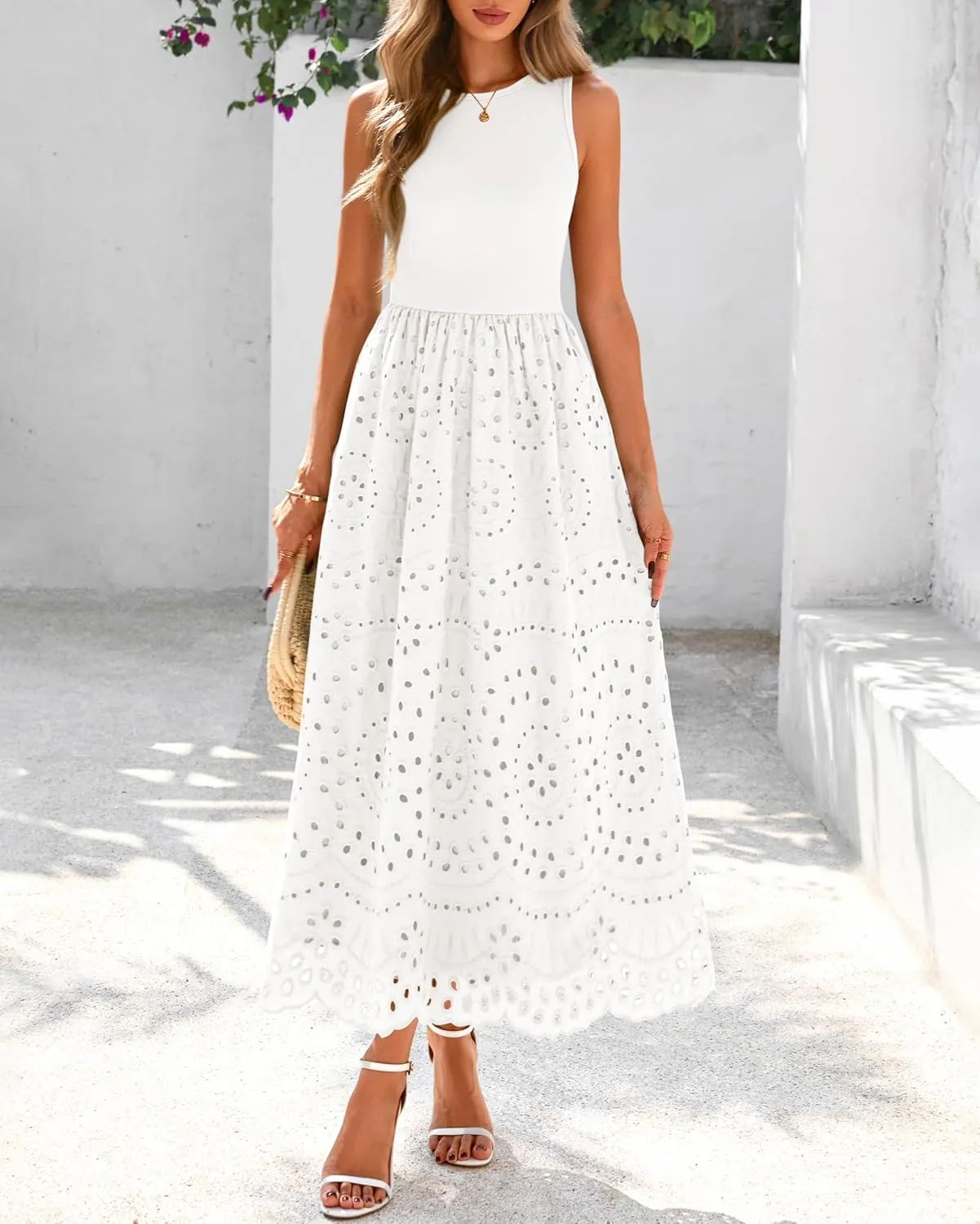 dowerme Women Summer Dresses 2025 Casual Sleeveless Crewneck A-Line Boho Lace Eyelet Cotton Tank Maxi Dress with Pockets