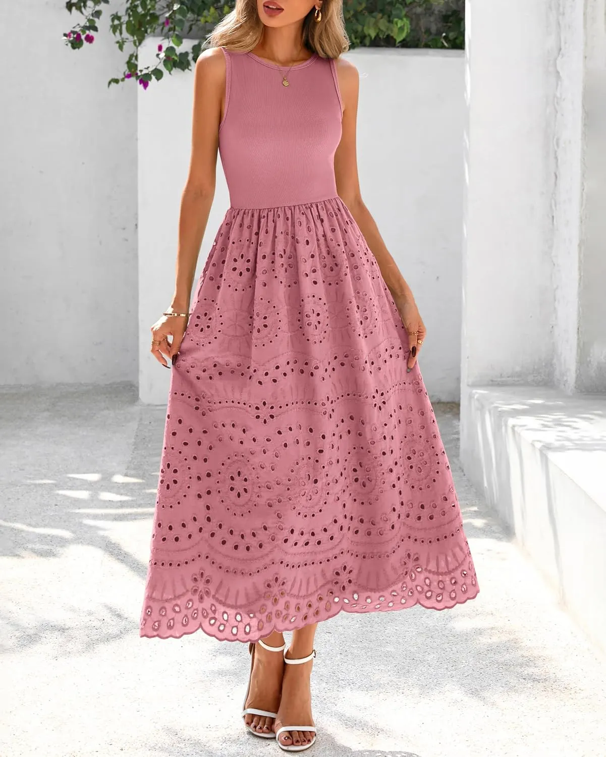 dowerme Women Summer Dresses 2025 Casual Sleeveless Crewneck A-Line Boho Lace Eyelet Cotton Tank Maxi Dress with Pockets