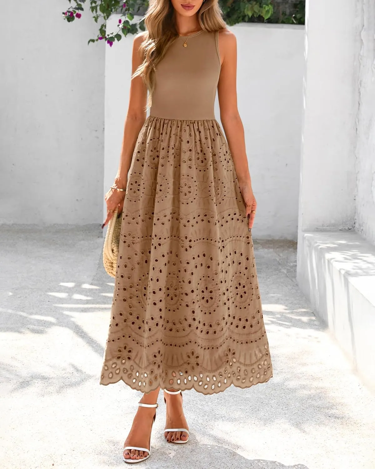 dowerme Women Summer Dresses 2025 Casual Sleeveless Crewneck A-Line Boho Lace Eyelet Cotton Tank Maxi Dress with Pockets