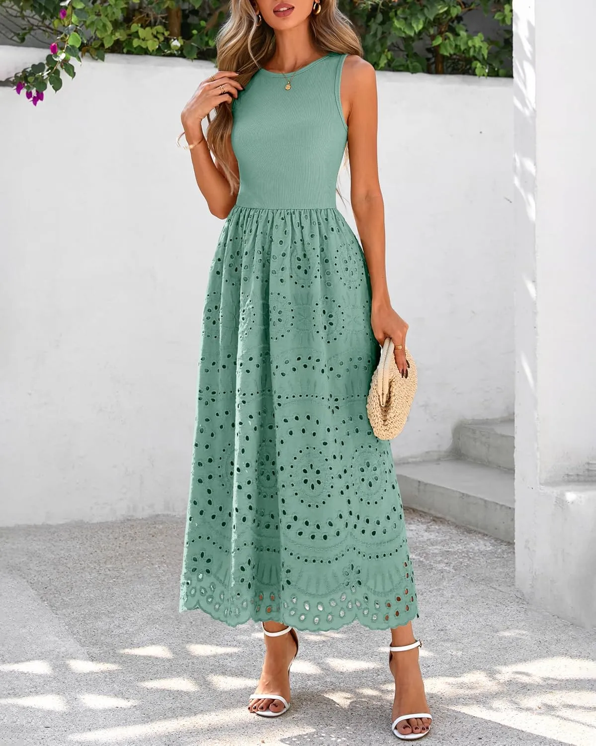 dowerme Women Summer Dresses 2025 Casual Sleeveless Crewneck A-Line Boho Lace Eyelet Cotton Tank Maxi Dress with Pockets