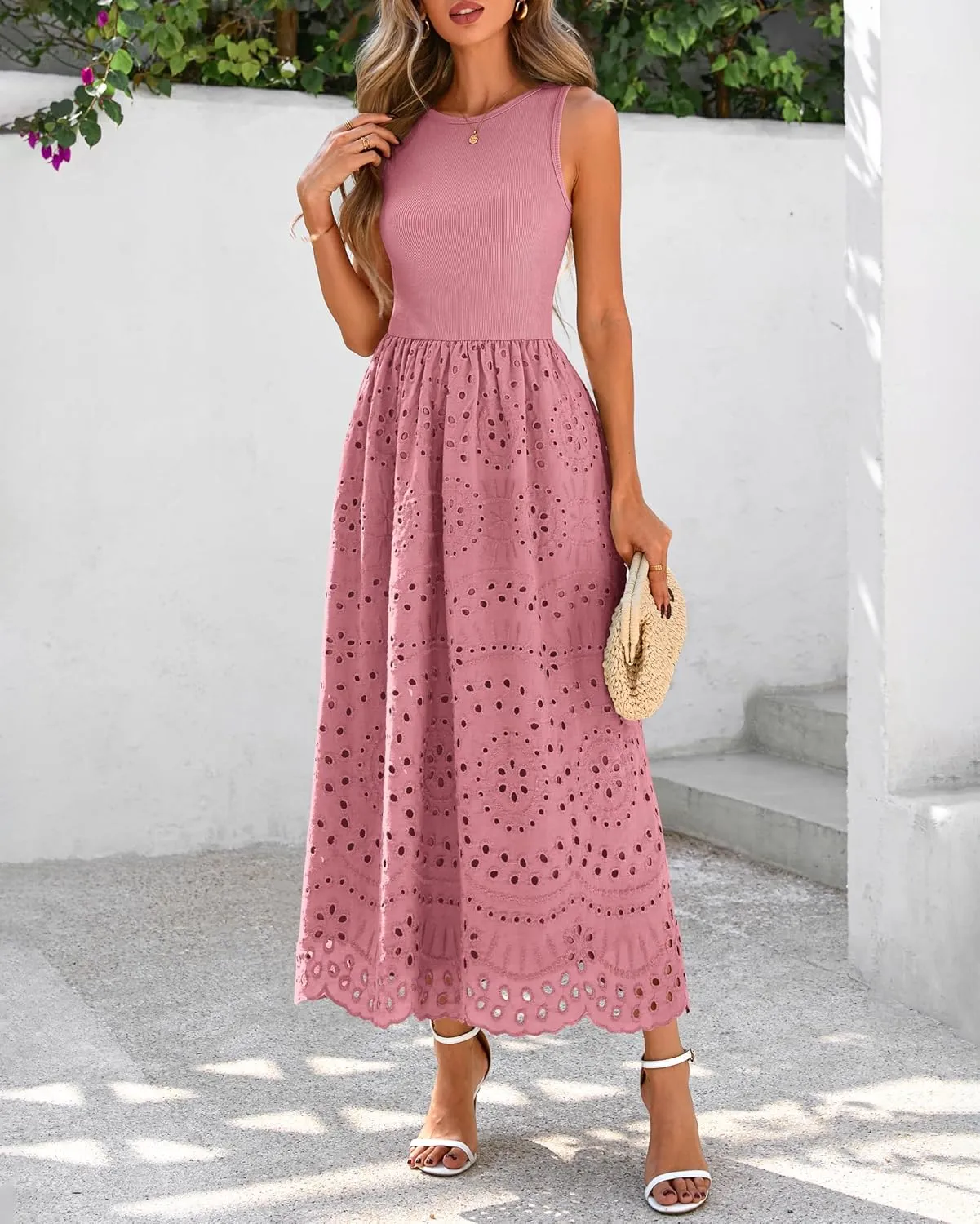 dowerme Women Summer Dresses 2025 Casual Sleeveless Crewneck A-Line Boho Lace Eyelet Cotton Tank Maxi Dress with Pockets