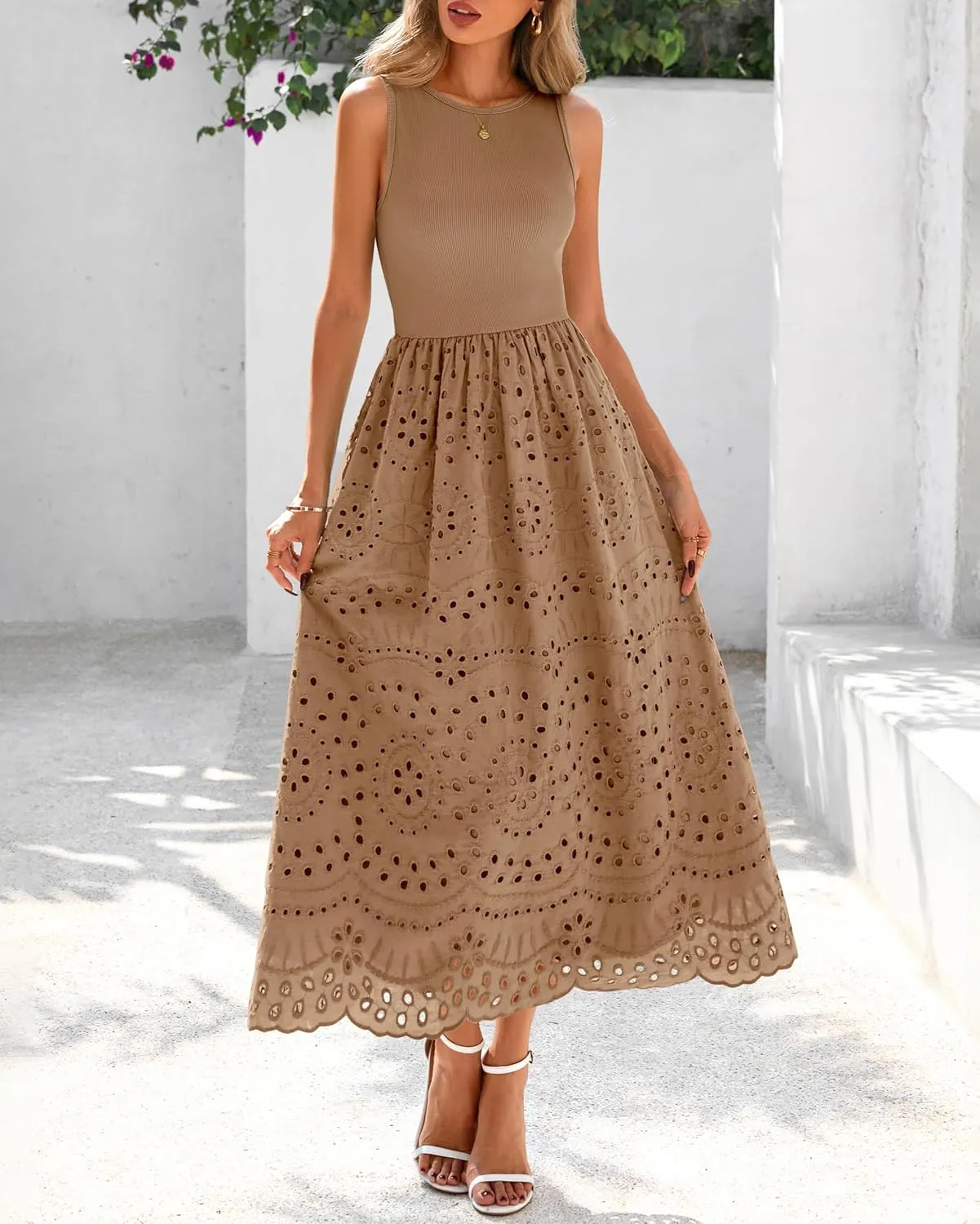 dowerme Women Summer Dresses 2025 Casual Sleeveless Crewneck A-Line Boho Lace Eyelet Cotton Tank Maxi Dress with Pockets