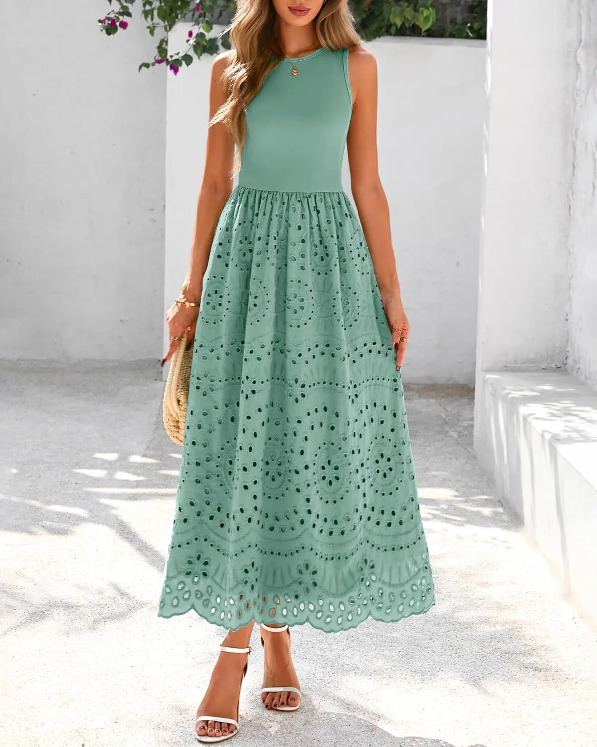 dowerme Women Summer Dresses 2025 Casual Sleeveless Crewneck A-Line Boho Lace Eyelet Cotton Tank Maxi Dress with Pockets