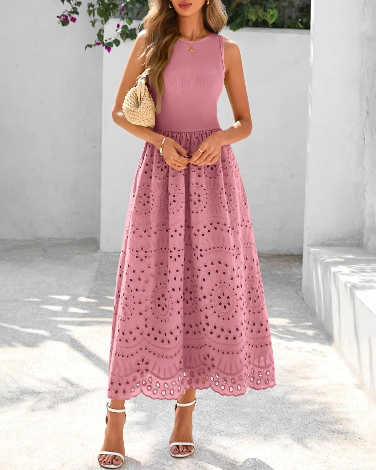 dowerme Women Summer Dresses 2025 Casual Sleeveless Crewneck A-Line Boho Lace Eyelet Cotton Tank Maxi Dress with Pockets
