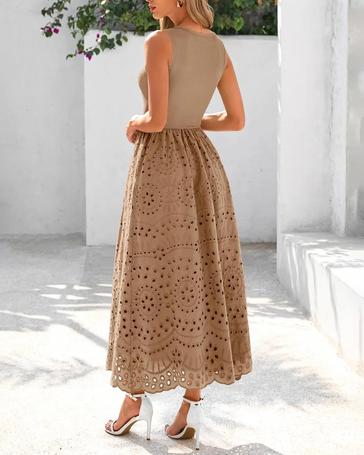 dowerme Women Summer Dresses 2025 Casual Sleeveless Crewneck A-Line Boho Lace Eyelet Cotton Tank Maxi Dress with Pockets