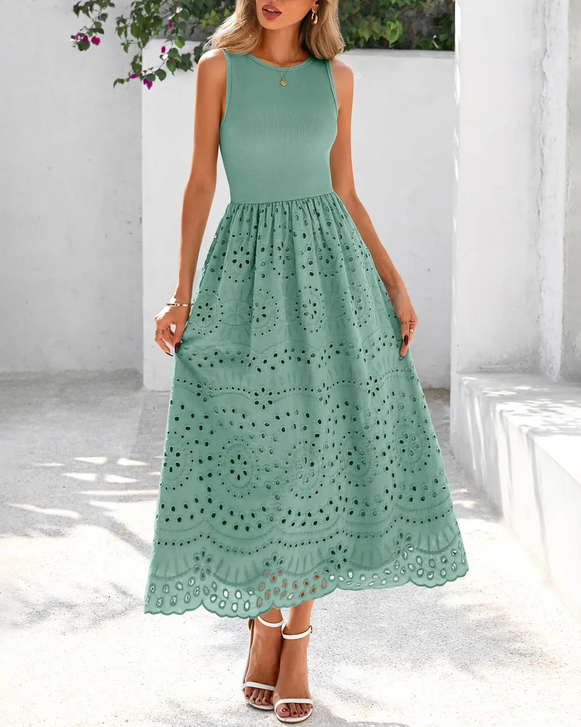 dowerme Women Summer Dresses 2025 Casual Sleeveless Crewneck A-Line Boho Lace Eyelet Cotton Tank Maxi Dress with Pockets
