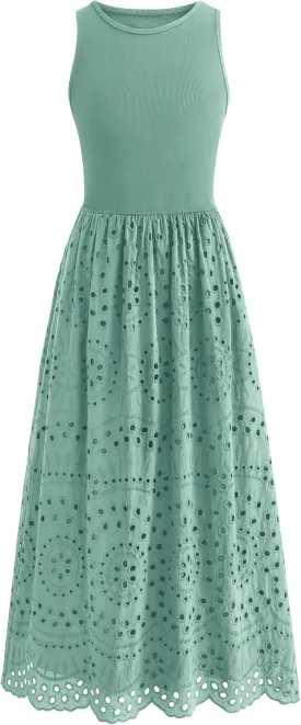 dowerme Women Summer Dresses 2025 Casual Sleeveless Crewneck A-Line Boho Lace Eyelet Cotton Tank Maxi Dress with Pockets